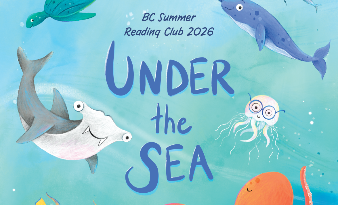 Hand-drawn shark, whale, jellyfish, octopus, and turtle swimming around the words Under The Sea.